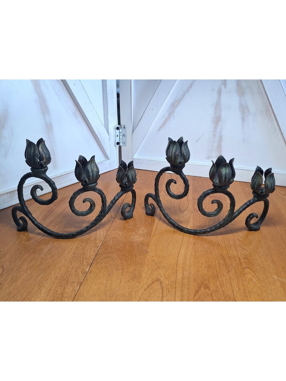 VTG Pair Brass/cast Iron Candlestick holders Tulip Buds on each Scroll Design